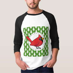 マンガレッド(鳥)ショウジョウコウカンチョウオングリーンホワイトパインズパターン Tシャツ