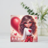 マンガ恥ずかしがり屋のバレンタインデーの女の子と赤いハート シーズンカード (スタンド正面)