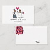 マンガ結婚ーのカップル新郎新婦明るい赤紫色ハート プレイスカード (正面/裏面)