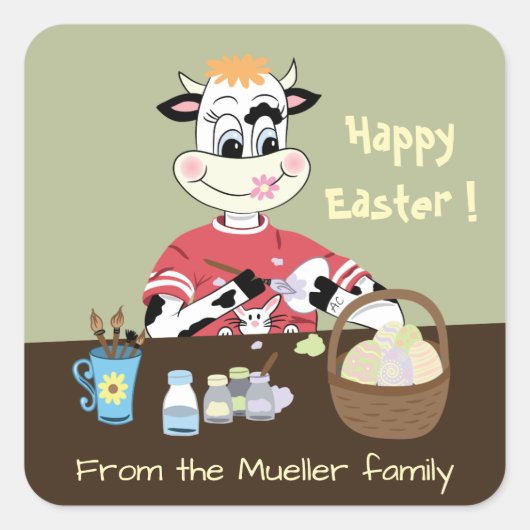 マンガ絵画ー牛のイースターエッグ封筒用シール スクエアシール (正面)