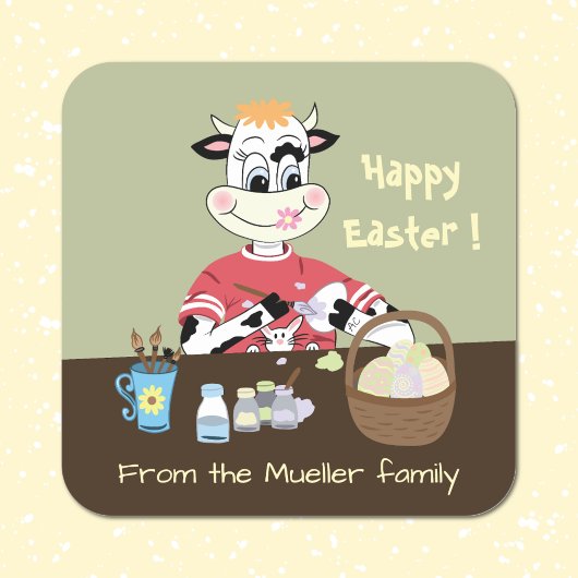 マンガ絵画ー牛のイースターエッグ封筒用シール スクエアシール