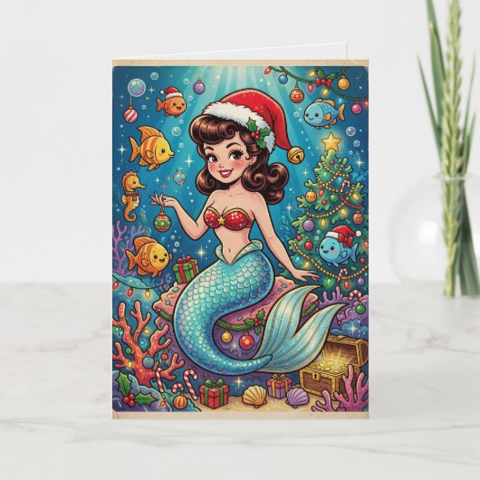 マンガ風の人魚ビンテージクリスマス カード (正面)