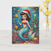 マンガ風の人魚ビンテージクリスマス カード (黄色い花)