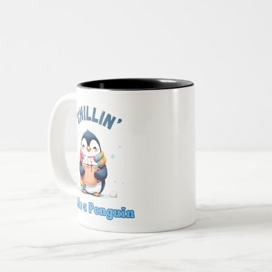 マンガ風ペンギン、ペンギンの冬のようなチリン ツートーンマグカップ (正面左)