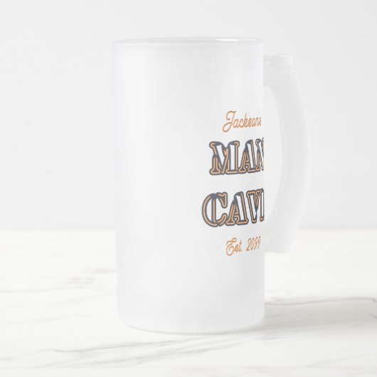 マンケーブバーニング文字効果曇りビアマググラス フロストグラスビールジョッキ (正面右)