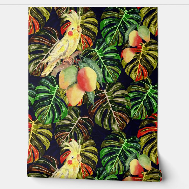 マンゴーと熱帯雨林に生息する黄色いオウム 壁紙 (ほどく)