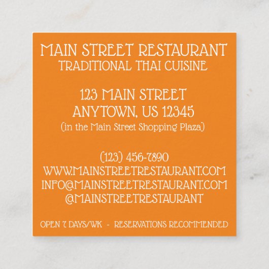 マンゴースティッキーライスデザートタイレストランフード スクエア名刺 (裏面)