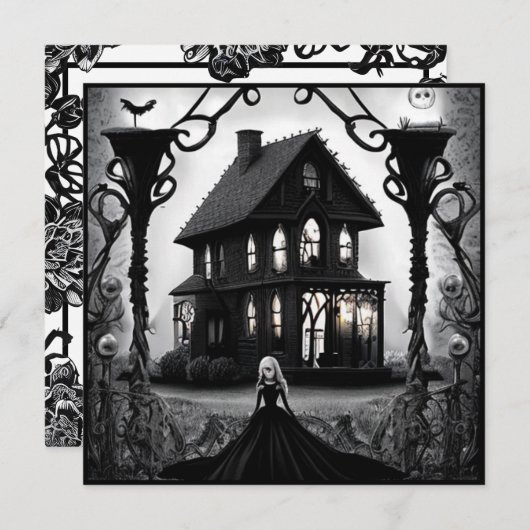 マンショ幽霊のよく出るン&ゴシック様式の女性ハロウィーン 招待状 (正面/裏面)