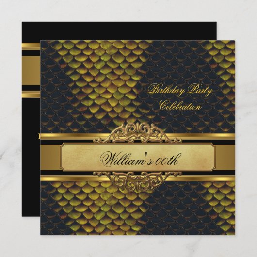 マンスネークシキンブラック金ゴールドバースデーパーティーメンズ 招待状 (正面/裏面)