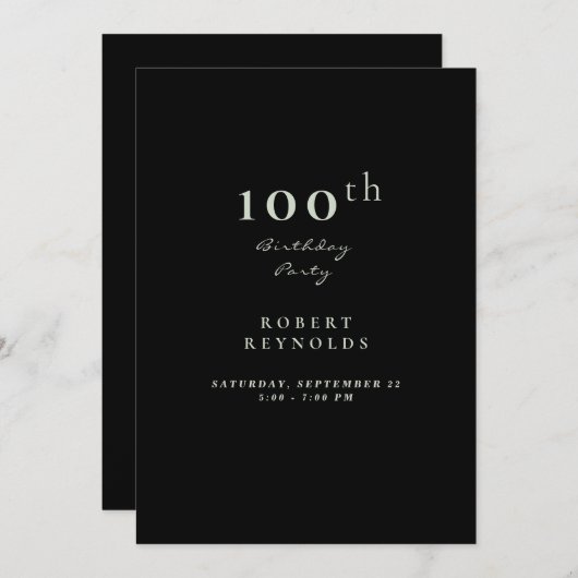 マンズ100thバースデーパーティーブラックシンプル招待状 招待状 (正面/裏面)