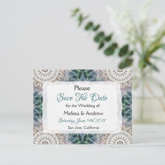 マンダラをテーマにした結婚式の日付を保存 案内ポストカード (スタンド正面)
