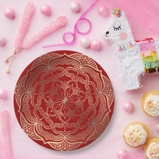 マンダラアートボホエレガント金ゴールドダークレッドクリスマス ペーパープレート (パーティー)