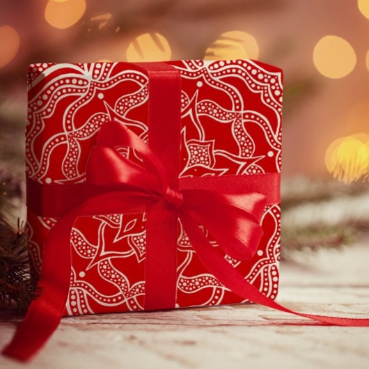 マンダラアートボホシックエレガントホワイトレッドクリスマス ラッピングペーパー