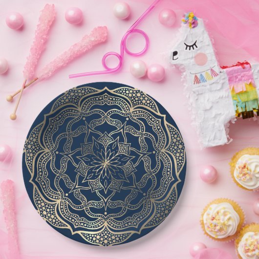マンダラアート ボホ エレガント ゴールド ネイビーブルー クリスマス ペーパープレート (パーティー)