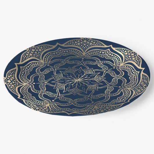 マンダラアート ボホ エレガント ゴールド ネイビーブルー クリスマス ペーパープレート (アングル)