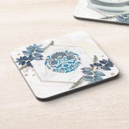 マンダライラストレーション、ティール（緑がかった色）フローラグラフィックアート コースター