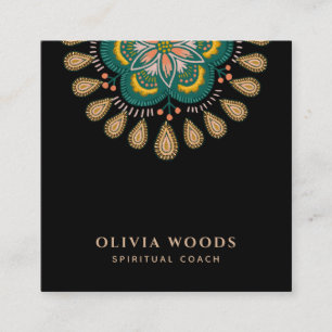 マンダラエレガントスピリチュアルコーチグリーンブラック スクエア名刺