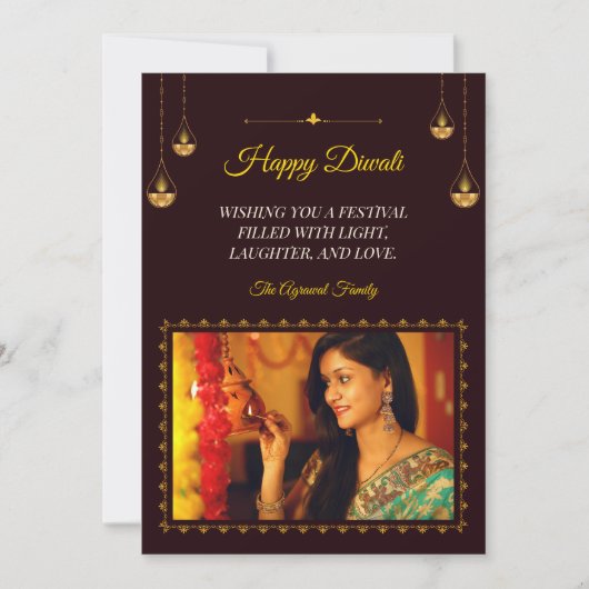 マンダラエレガントディヤ写真茶色金ゴールドディワリ シーズンカード (正面)