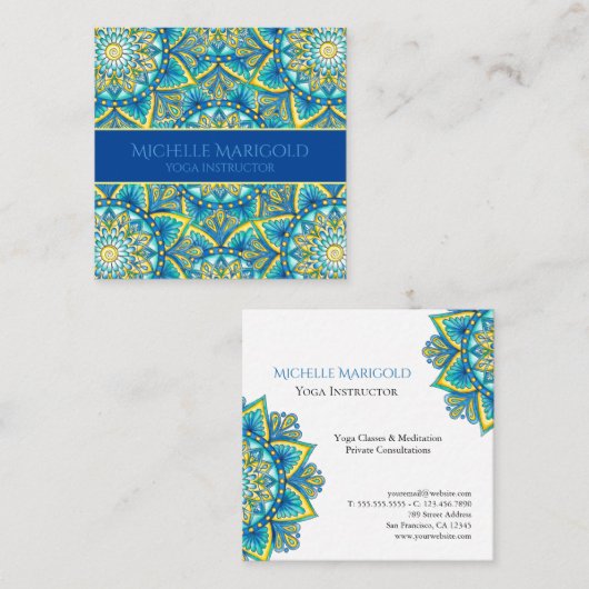 マンダラエレガントフローラブルーイエローヨガインストラクター スクエア名刺 (正面/裏面)