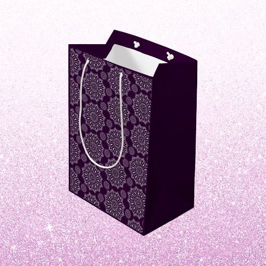 マンダラエレガント模様パープルシルバーディワリ ミディアムペーパーバッグ