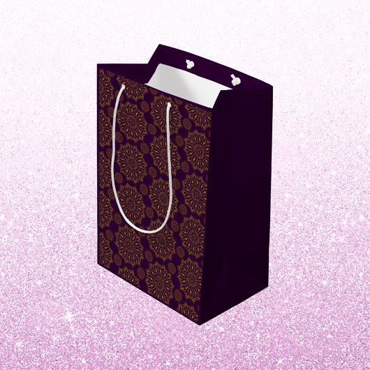 マンダラエレガント模様パープル金ゴールドディワリ ミディアムペーパーバッグ