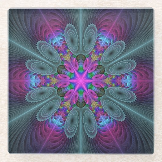 マンダラカラフルスピリチュアルフラクタルアートとピンク ガラスコースター (正面)