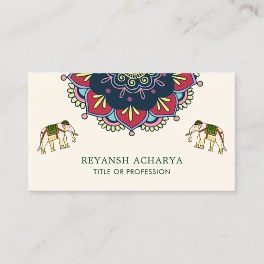 マンダラカラフルボリウッドスタイルゾウインディアン 名刺 (正面)