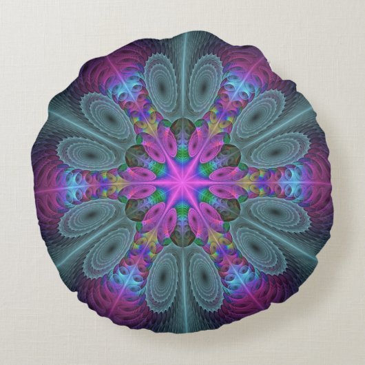 マンダラカラフルー打撃フラクタルアート万華鏡のように千変万化するパターン ラウンドクッション (裏面)