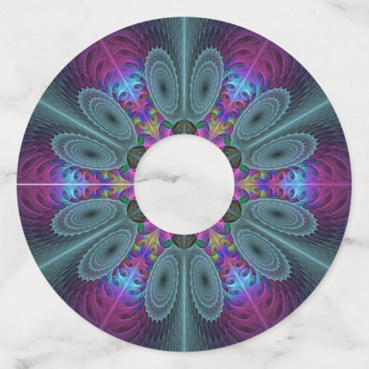 マンダラカラフルー打撃フラクタルアート万華鏡のように千変万化するパターン ワイングラスタグ (正面)