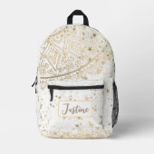 マンダラグリッター金ゴールドスターズオンホワイトパーソナライズされた プリントバックパック (正面)