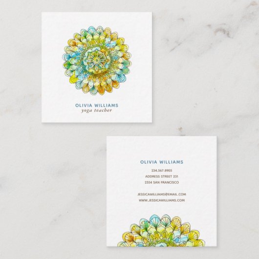 マンダラグリーンイエロースピリチュアルヨガ名刺 スクエア名刺 (正面/裏面)
