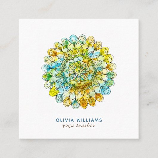 マンダラグリーンイエロースピリチュアルヨガ名刺 スクエア名刺 (正面)