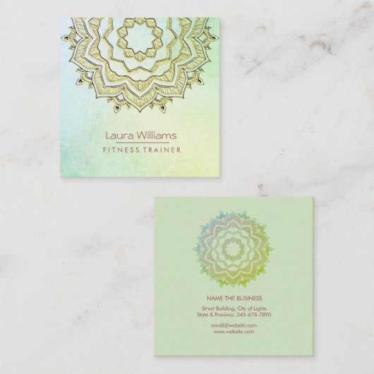 マンダラグリーンロータスフラワー金ゴールドヨガインストラクター スクエア名刺 (正面/裏面)