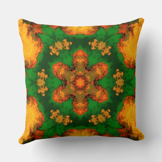 マンダラサイケデリックフラワーグリーンオレンジと黄色 クッション (裏面)