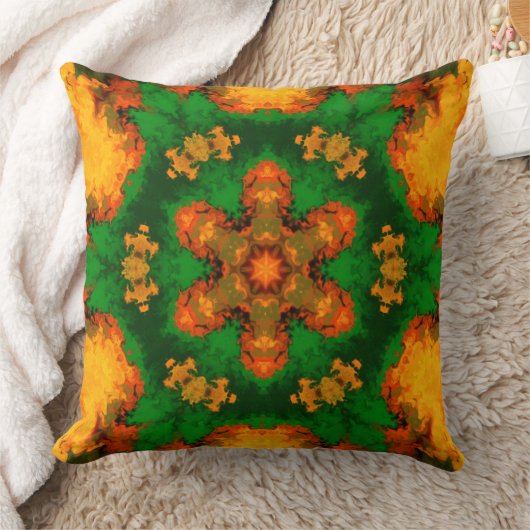 マンダラサイケデリックフラワーグリーンオレンジと黄色 クッション (ブランケット)