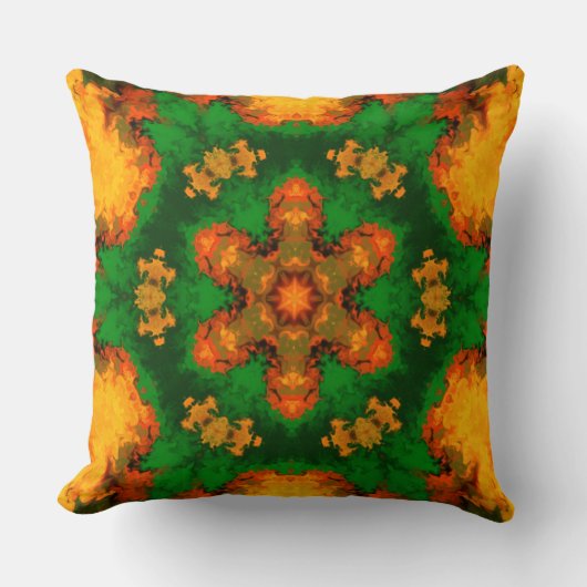 マンダラサイケデリックフラワーグリーンオレンジと黄色 クッション (正面)