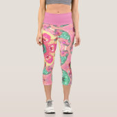 マンダラサイケデリックフラワーグリーンピンクと黄色 カプリレギンス (正面)