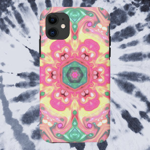 マンダラサイケデリックフラワーグリーンピンクと黄色 iPhone 11 ケース