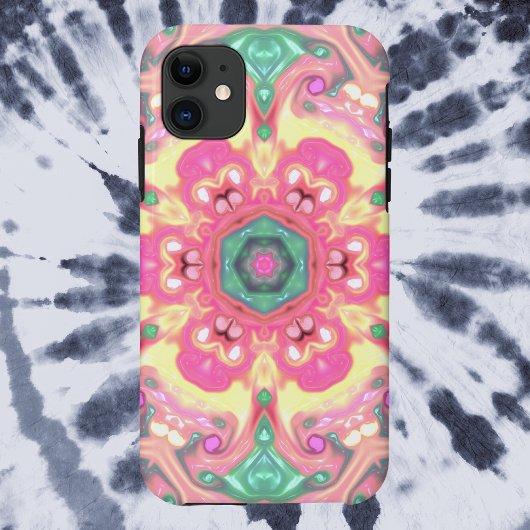 マンダラサイケデリックフラワーグリーンピンクと黄色 Case-Mate iPhoneケース