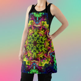 マンダラサイケデリックフラワーグリーンブルーとパープル エプロン