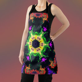 マンダラサイケデリックフラワーグリーン紫と黄色 エプロン