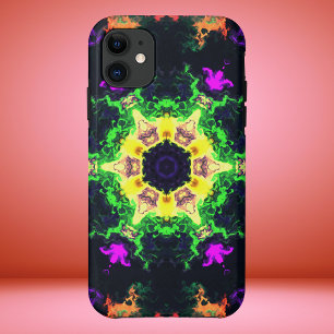 マンダラサイケデリックフラワーグリーン紫と黄色 iPhone 11 ケース