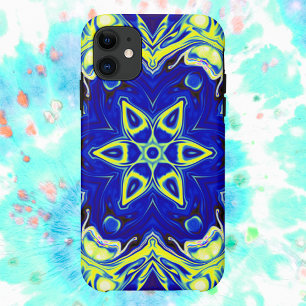 マンダラサイケデリックフラワーブルーとイエロー iPhone 11 ケース