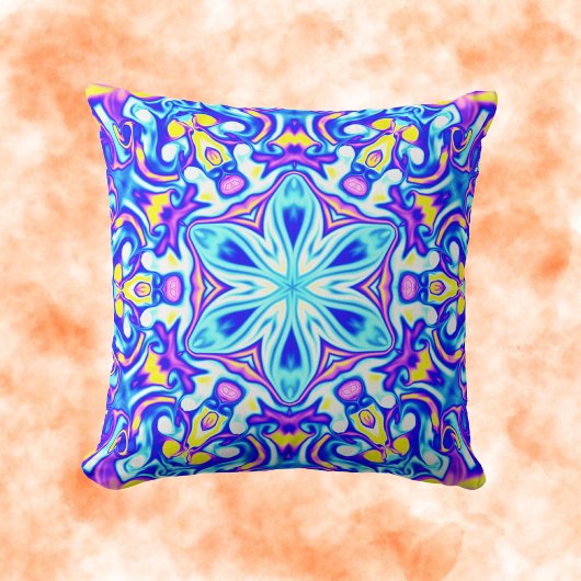 マンダラサイケデリックフラワーブルーパープルとイエロー クッション