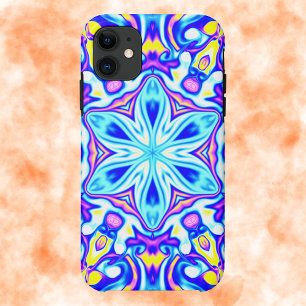 マンダラサイケデリックフラワーブルーパープルとイエロー iPhone 11 ケース