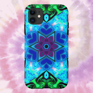 マンダラサイケデリックフラワーブルーパープルとグリーン iPhone 11 ケース