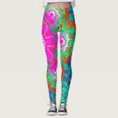 マンダラサイケデリックフラワーブルーピンクグリーンと赤 レギンス (正面)