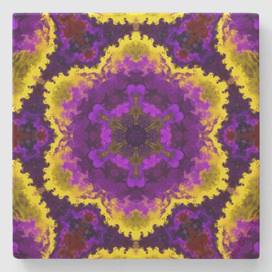 マンダラサイケデリックフラワー黄と紫 ストーンコースター (正面)