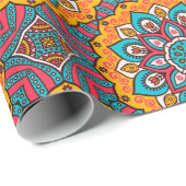 マンダラサークルピンクターコイズと黄色 ラッピングペーパー (ロールコーナー)