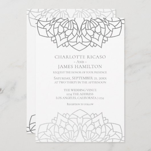 マンダラシルバーグレイパーソナライズされたパタ結婚ーン 招待状 (正面/裏面)